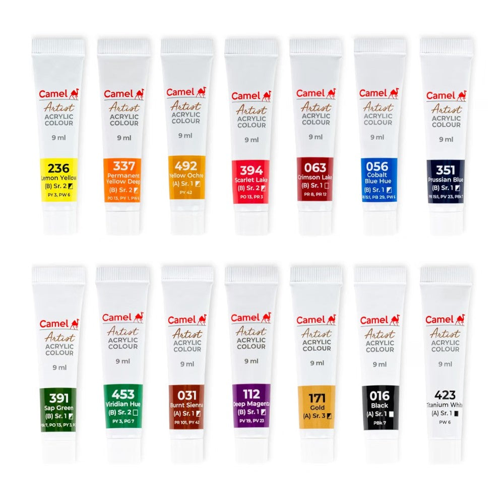 MRP390 Camel Artist Acrylic Colours 14 Shades Box (9 ml)