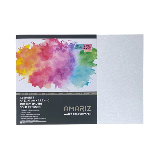 DOMS AMARIZ WATER COLOUR PAPER 300GSM A4 (9+3) (60PC CB) MRP200
