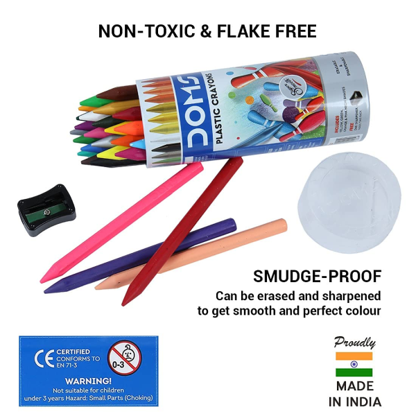 DOMS 28 Plastic Crayons Round Tin