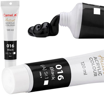 MRP325 Camel Artists Acrylic Colour Tube 120ml Black 016